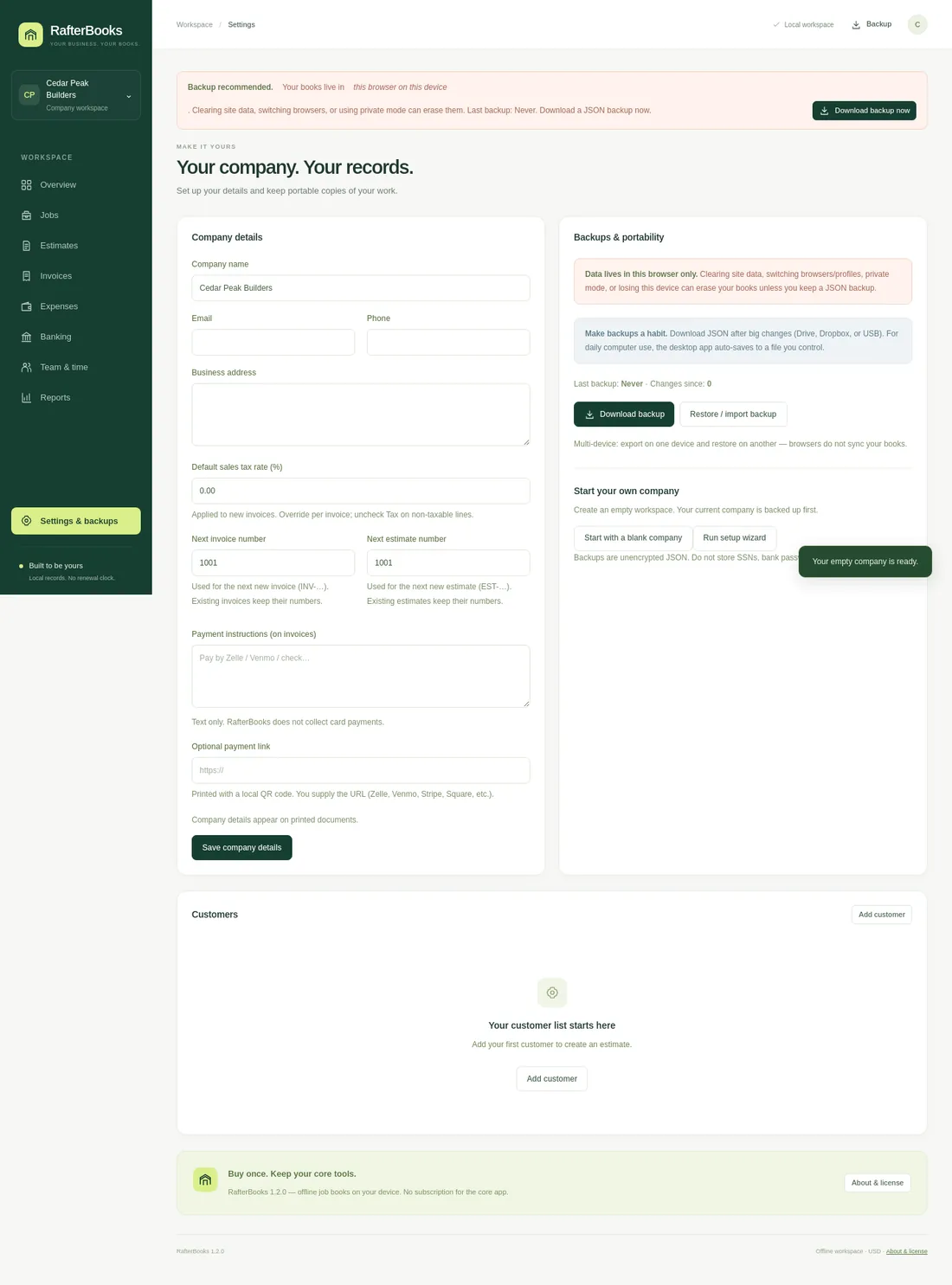 First-run company setup in RafterBooks